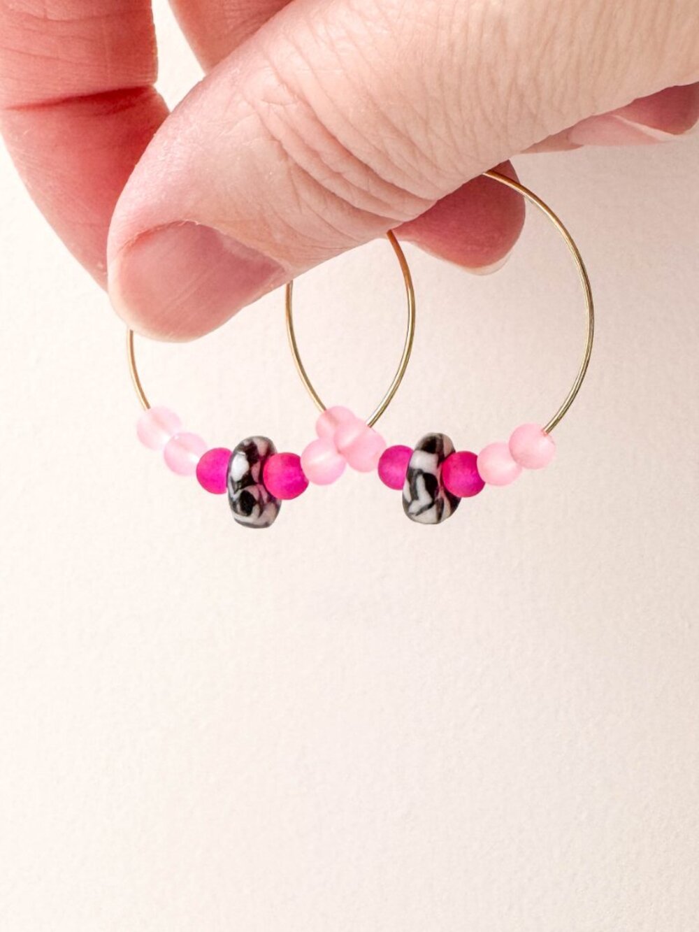 Recycled Glass Hoop Earrings Pink Black White Stainless Steel Beaded - Picture 4 of 12
